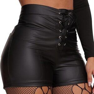 Y2K Black Faux Leather Drawstring Shorts – High Waist (L)
